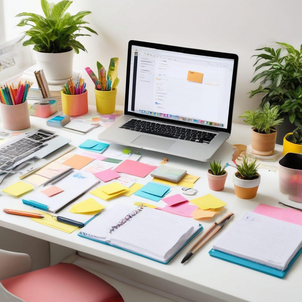 A dynamic workspace scene featuring an organized desk with various colorful tools like sticky notes, planners, and creative gadgets. Incorporate a diverse group of professionals collaborating enthusiastically over documents, with digital devices displaying task management apps. The background should have motivational posters and plants conveying an inspiring atmosphere. Bright and cheerful colors enhance engagement and creativity. super-realistic. vibrant colors. white background.