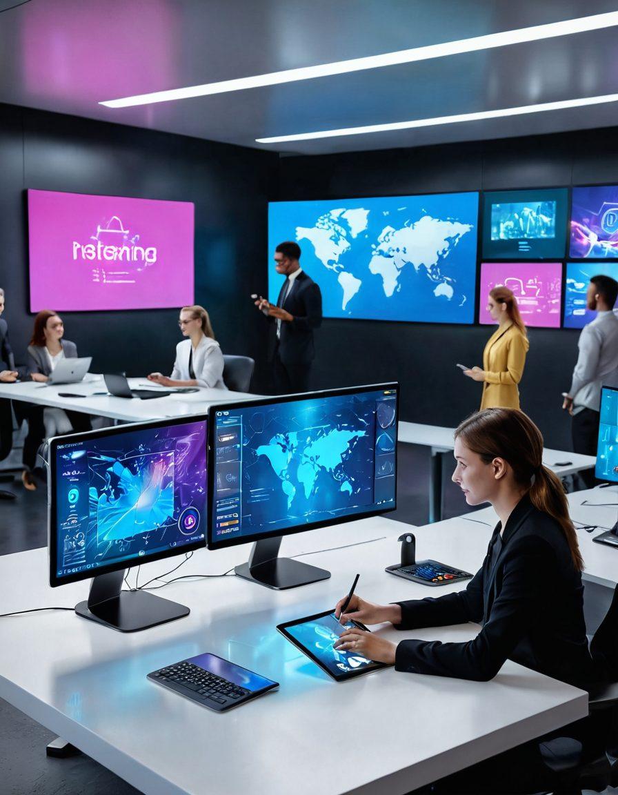 A futuristic workspace filled with diverse team members collaborating through various smart devices like holographic displays, tablets, and virtual assistants. Emphasize vibrant colors and dynamic interactions, showcasing technology enhancing teamwork. Include elements like digital brainstorming boards and AI-driven analytics on screens. The atmosphere should convey excitement and innovation. super-realistic. vibrant colors. 3D.