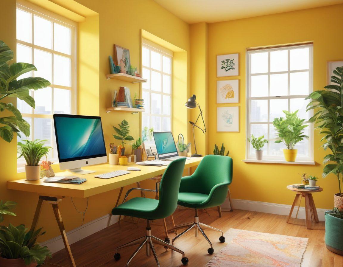 A vibrant workspace filled with innovative tools like colorful gadgets, productivity planners, and digital devices, all set against a backdrop of light streaming through a window, symbolizing a flow of happiness and creativity. Include illustrations of people joyfully collaborating around a sleek, modern desk, showcasing diverse cultures and ideas. Bright and uplifting color palette with a focus on greens and yellows for a cheerful ambiance. super-realistic. vibrant colors. 3D.